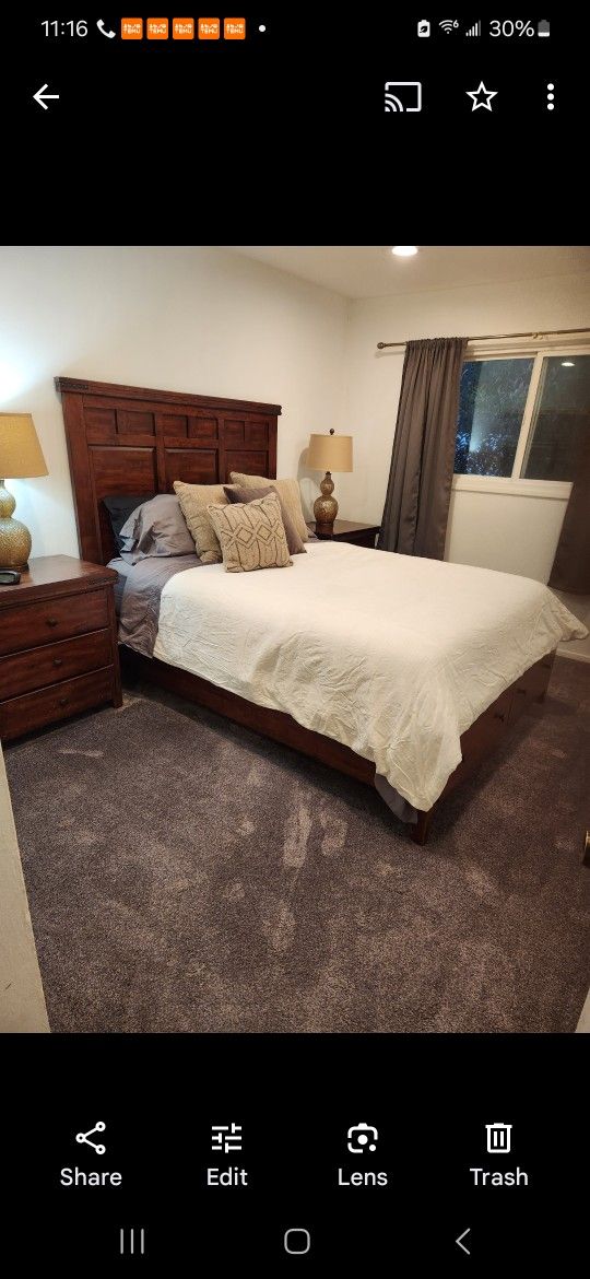 Mango Wood Queen Storage Bed, 2 Nightstands, 9 Drawer Dresser And Mirror