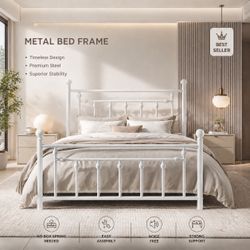 14" Full Size Metal Platform Bed Frame/Victorian Headboard and Footboard/Steel Slats Mattress Foundation for Storage/No Box Spring Needed/Noise Free/W