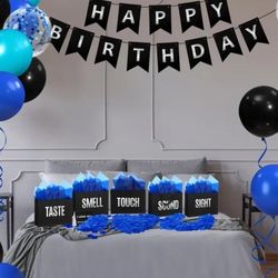 5 Senses Gift Birthday Decorations Five Senses Gift Bags for Party Decoration with Happy Birthday Banner Taste Touch Sound Rose Petals for Party (Blue