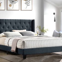 (NEW IN BOX) Full & Twin Size platform Dark Grey Linen Fabric Bed Frame