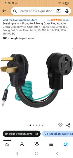 4 Prong to 3 Prong Dryer Plug Adapter Green Ground Wire, Connects 4-Prong New Dryer to 3 Prong Old Dryer Receptacle, 10-30P to 14-30R, STW 10AWG3C