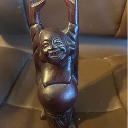 Vintage Hand Carved Wood Happy Laughing Arms Raised Buddha Figure Statue 8"