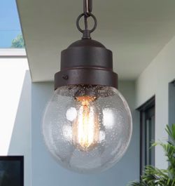 LOG BARN Bronze Outdoor Globe Pendant Light Fixture, Farmhouse Exterior Lights with Adjustable Chain, Anti-Rust Outdoor Light with Seeded Glass, Hangi