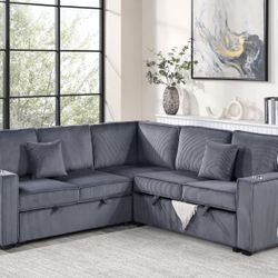 $550.  Sectional Pull Out Bed With Storage USB Cup Holder Available,I Ivory,Dark Gray,Corduroy
