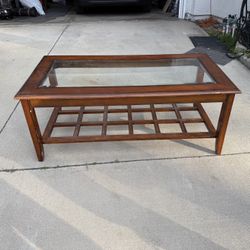Solid Wood Coffee Table w/ Glass Top & Storage Shelf