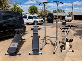 Home Gym Equipment Lot – Benches, Tower, Bike
