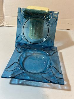 2 Cobalt Pressed Glass Blue Candle Holder/ Coaster/Ashtrays 4.75”w /Butterflies-$24 CASH
