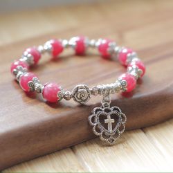 Rosary Bracelet, Pink Watermelon Natural Stones, Silver Plated, All sizes