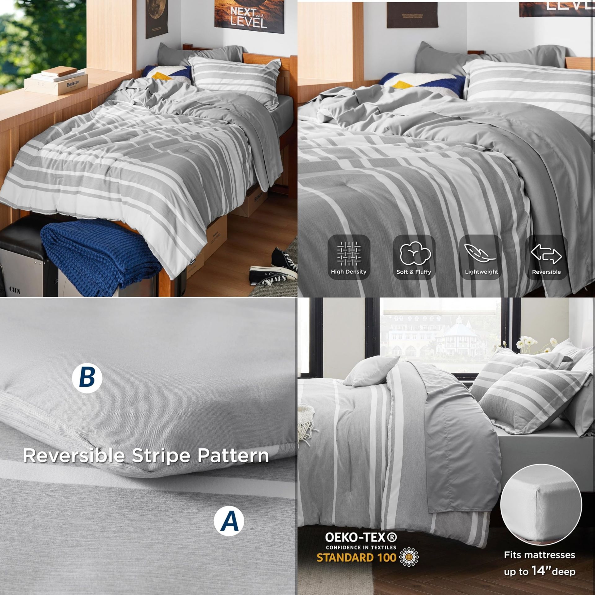 Extra Long Twin XL Comforter Set, Grey Twin XL Bedding Set, All Season Dorm Room Essentials with 1 Pillow Sham, Flat Sheet, Fitted Sheet and 1 Pillowc