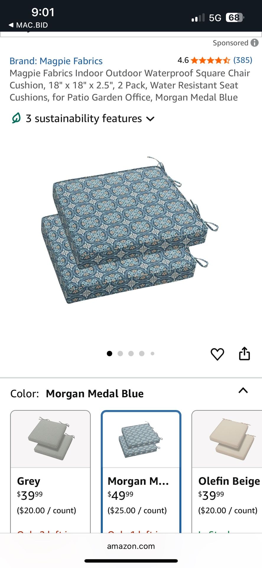 Magpie Fabrics Outdoor Seat Cushions. 2 Pack 18”x18”