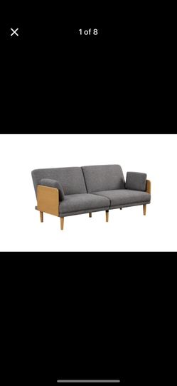 73" Futon Sofa Bed with Wood Legs & Arms, Grey Linen Fabric ASSEMBLED