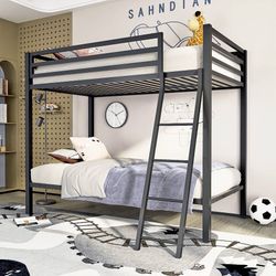 Metal Loft Bunk Bed Twin Over Twin Size with Ladder, Matte Black Safety Guardrail,No Box Spring Needed, Space Saving Bedroom Furniture