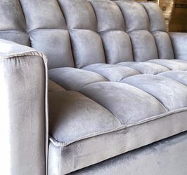 Grey Velvet Tufted Sleeper Sectional Sofa w/ Pull Out Bed | Brand New