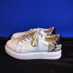 Layer 8 All White with Faux Snakeskin Sneakers (Size 8)