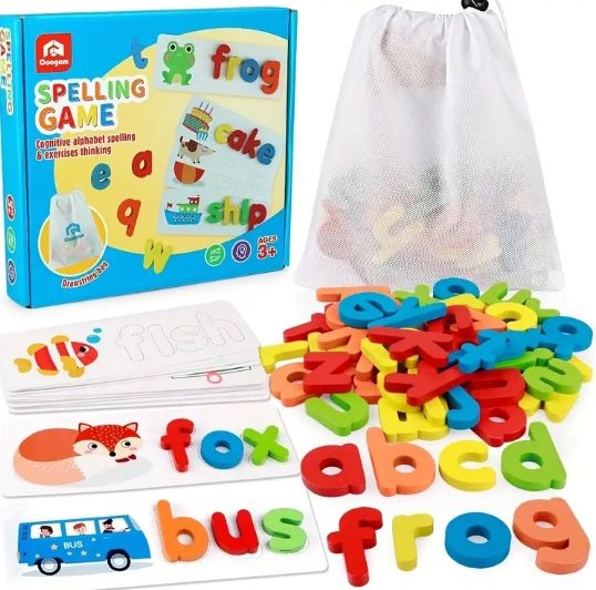 Coogam Read Spelling Learning Toy, Wooden Alphabet Flash Cards Matching Sight Words ABC Letters Recognition Game Preschool Educational Tool Set For 3