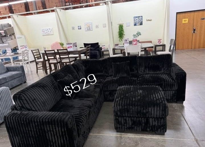 Sectional Sofa With Ottoman Black Fur-Like Corduroy New