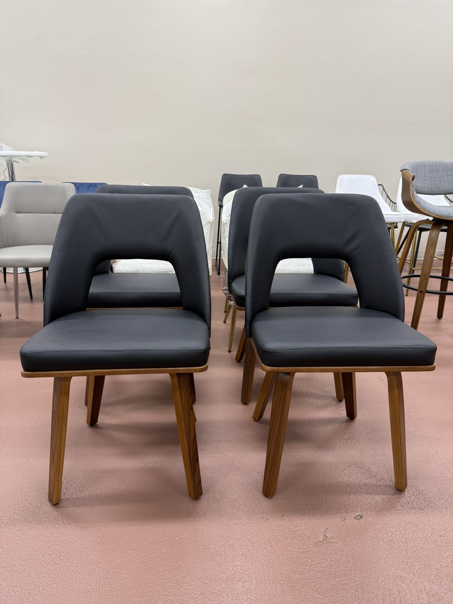 Upholstered Chair Set – Mid-Century Modern Walnut Bamboo, Black PU