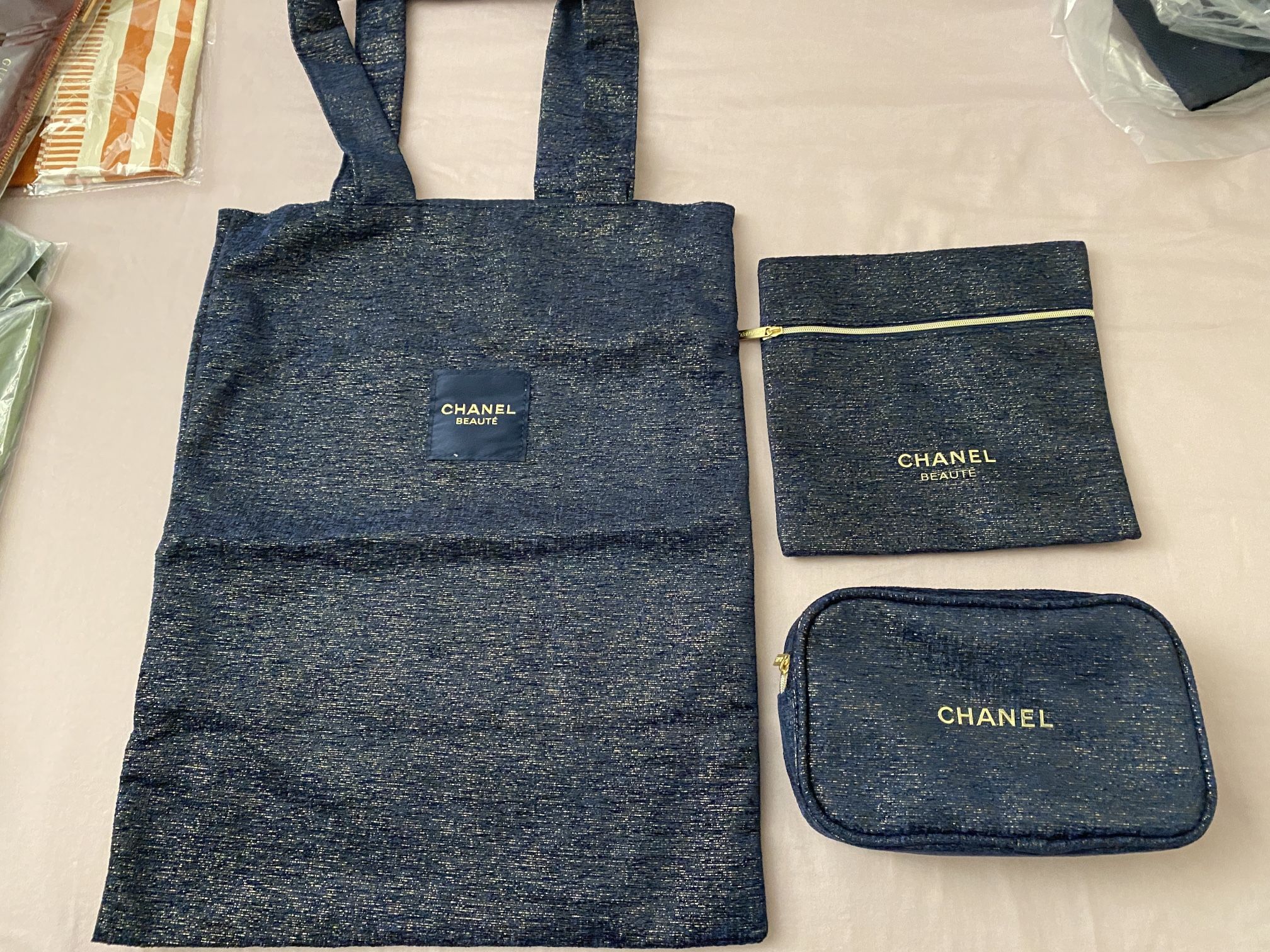 Authentic Chanel 2023 Holiday Tote With Boxer , 2 Cosmetic Bags