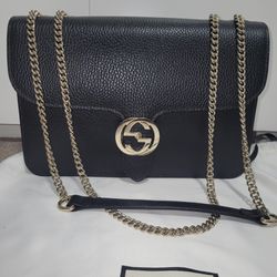Gucci Dollar Interlocking G Medium Bag In Black Calfskin Leather 