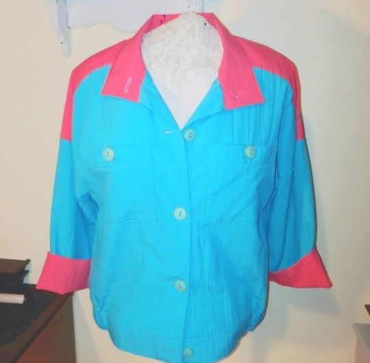 Vintage Petite Trends Neon Pink/Sky Blue Button Up Shoulder Pad Blazer Sz M