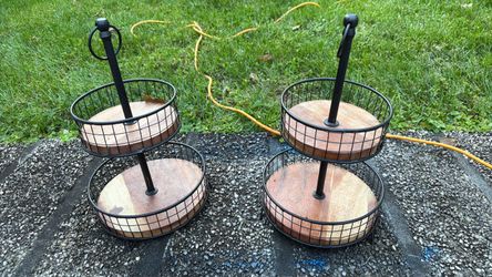 Two-Tier Wire and Wood Basket Stand Set of 2