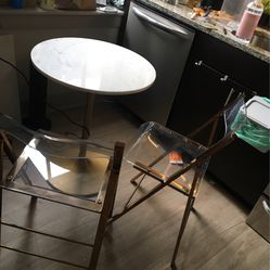$99 Small Marble Table Two Gold Fold Up Chairs