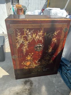 Chinese Lacquered Wood Cabinet with Hand-Painted Design