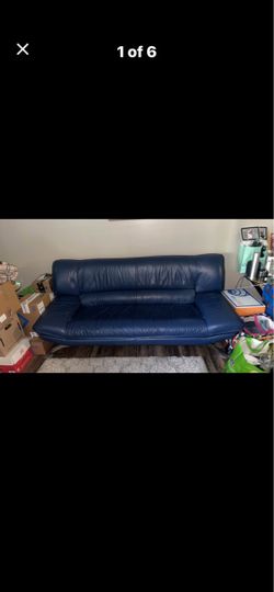 Blue Leather Sofa with Chrome Legs