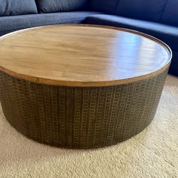 48” Round Drum Coffee Table – Tin Facade with Wood Top