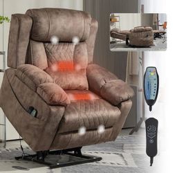 Brown Dual OKIN Motor Velvet Power Lift Recliner with Armrest Storage, Massage and Heating