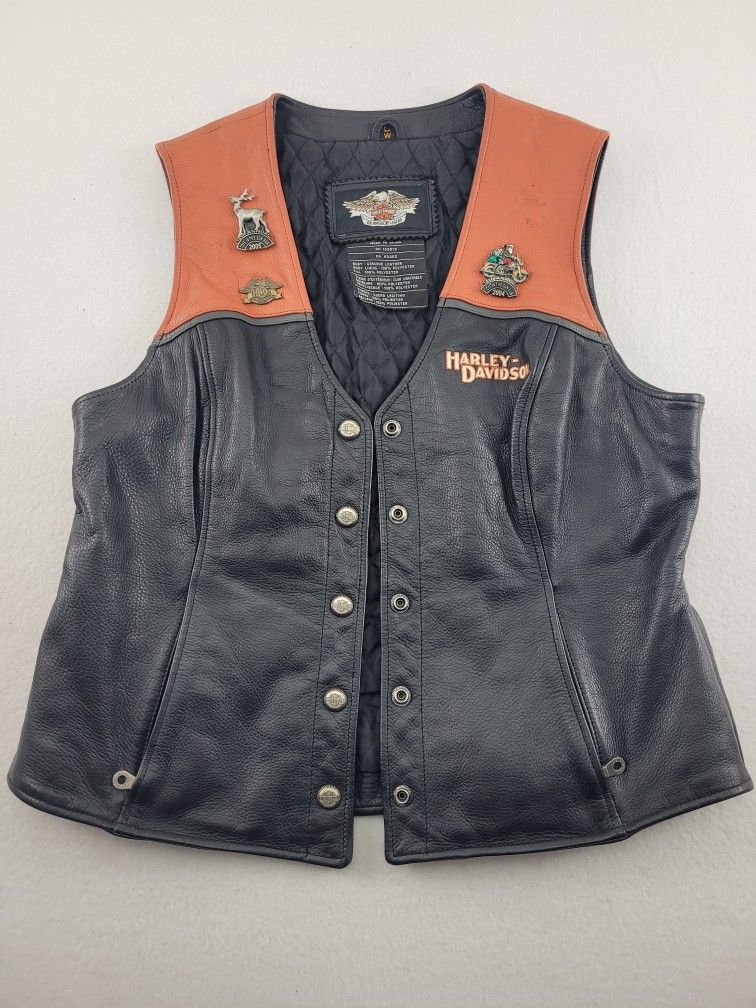 Harley Davidson High Quality Orange & Black Women's Leather Vest w/ Pins Size L