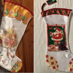 Lot Of 2 VTG 90s Giordano 18” Satin Christmas Decor Stockings~Tree~Santa Claus