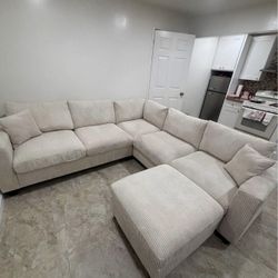CREAM CORDUROY SECTIONAL SOFA COUCH WITH OTTOMAN NEW IN BOXES 