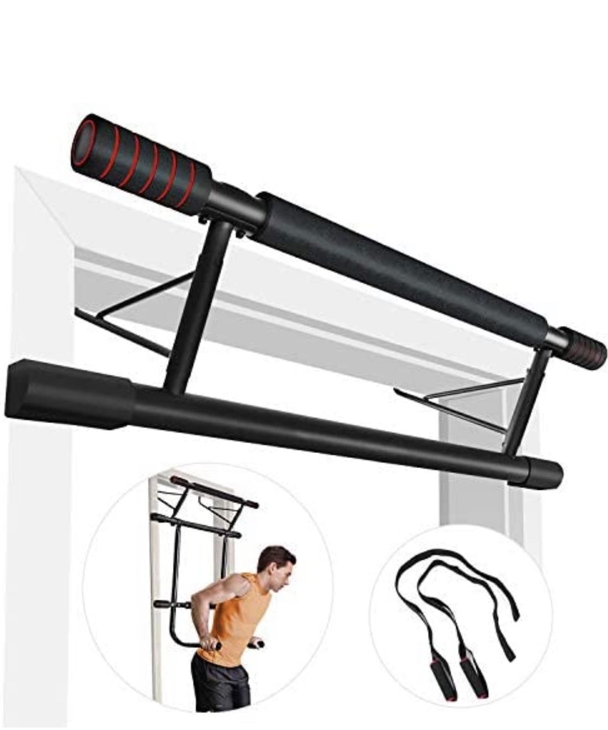 IDEER LIFE Pull Up Bar Doorway Fitness Chin Up Strength Training Bars, 4 IN 1 Pull Up Bar, Dip Bar & Power Ropes, Foldable Door Bar Ergonomic Grip Tra