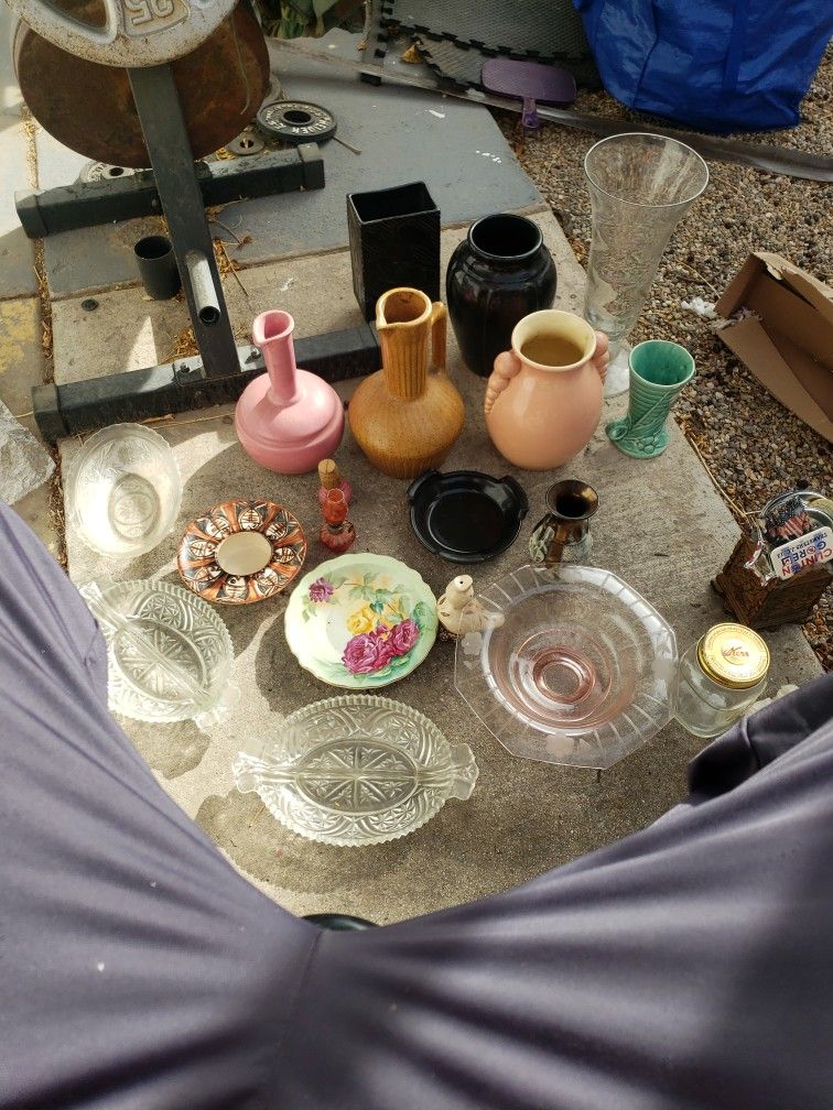 Misc Vintage Ceramic And Glass Vases, Water Jugs Trays