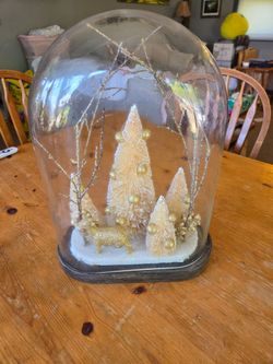 Glass dome christmas decor with gold trees and reindeer.  Can take everything out and have a blank canvas