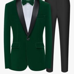 Green Velvet Men's 2 Piece Velvet Suit Peak Lapel One Button Slim Fit Tuxedo Blazer Party Dinner Jacket & Pants