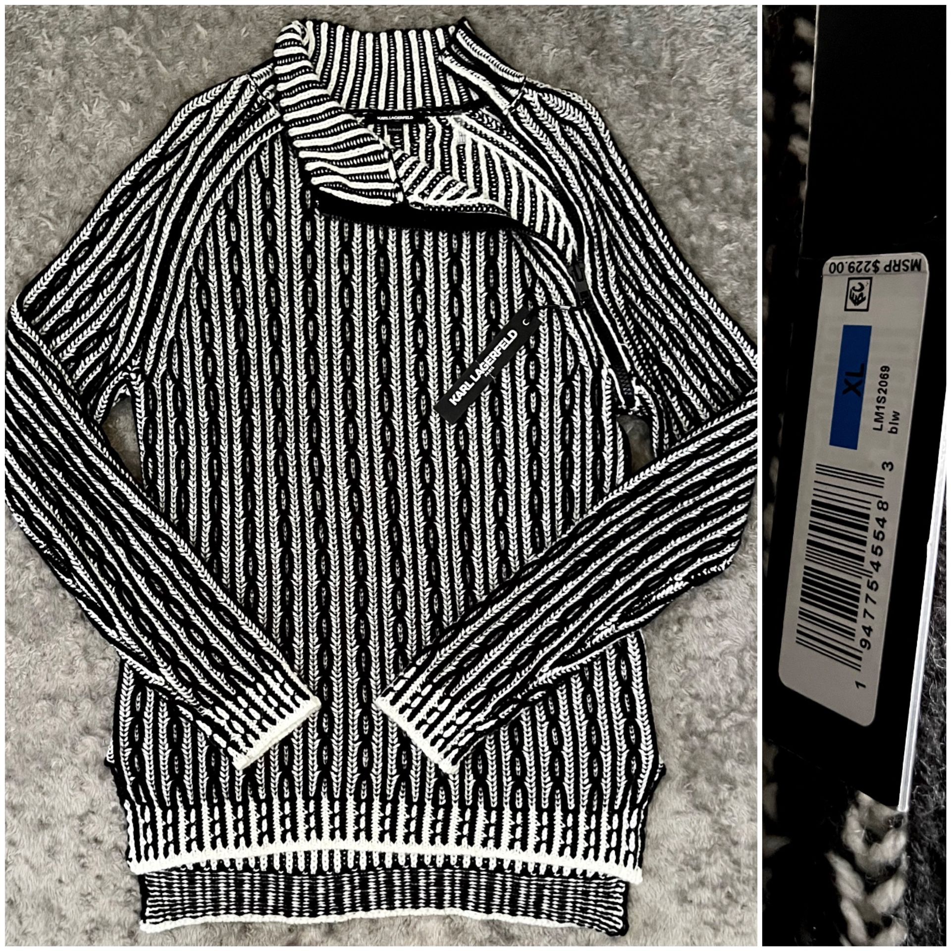 New! Men’s Karl Lagerfeld turtleneck with zipper detail. Size XL Retail $229 Brand new! Over-size turtleneck knit sweater with asymmetrical zipper det