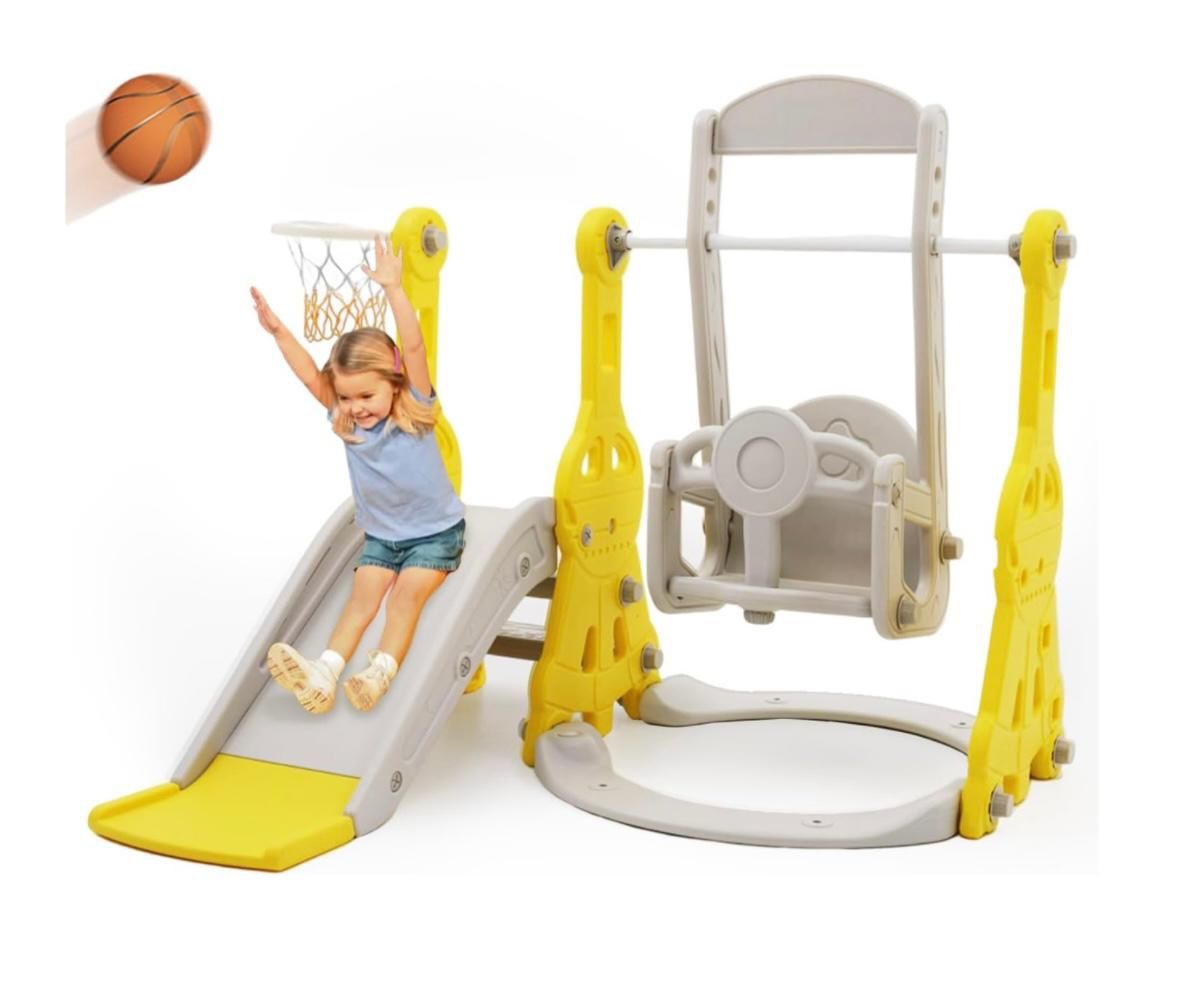 Toddler Slide and Swing Set 4 in 1 Baby Slide Climber Playse with Swing Slide Climber and Basketball Kids Slide (X004)
