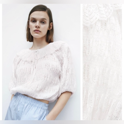 NWT Zara Women Off White Textured Tie Eyelet 3/4 Sleeve Slight Cropped Top Sz M
