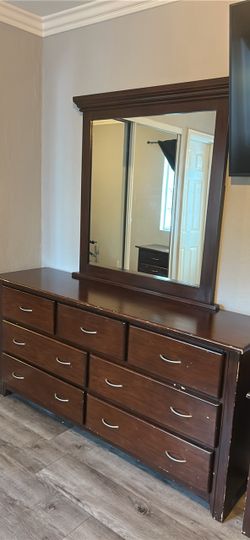 Dark Wood Dresser with Mirror and two night stand