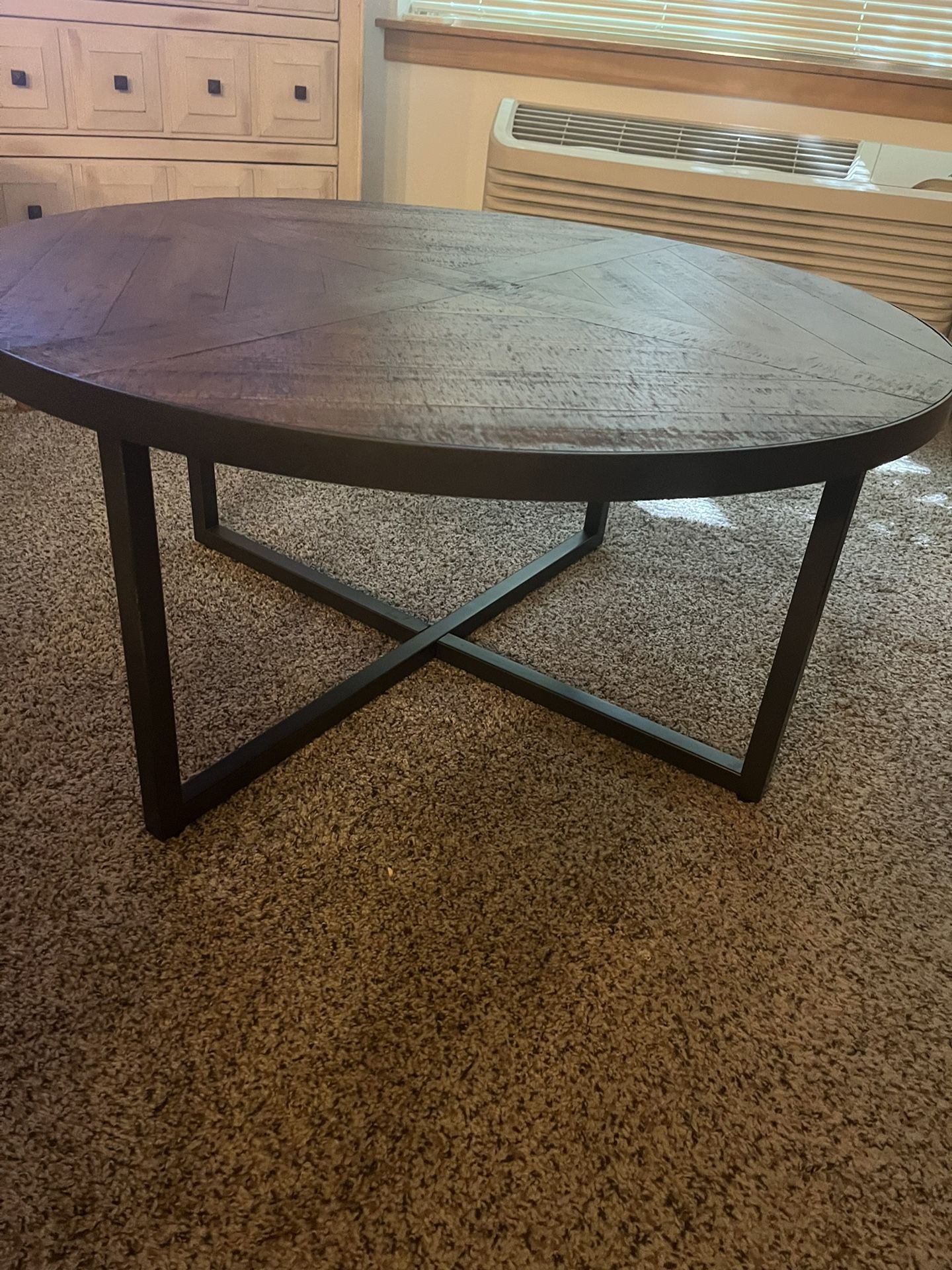 Distressed Planked Pine Cocktail and End Table set with Wrought Iron Base and Trim