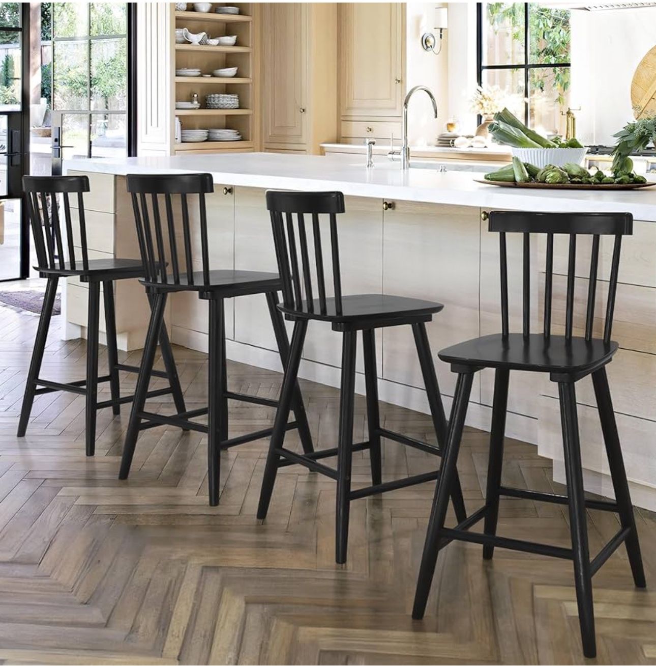 Wooden Bar Stools Set of 4, 24 Inch Counter Height, Black Windsor, Farmhouse, for Kitchen Island, with Spindle Back, Stools Chairs