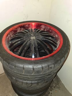Custom Black and Red Multi-Spoke Wheel with Tire
