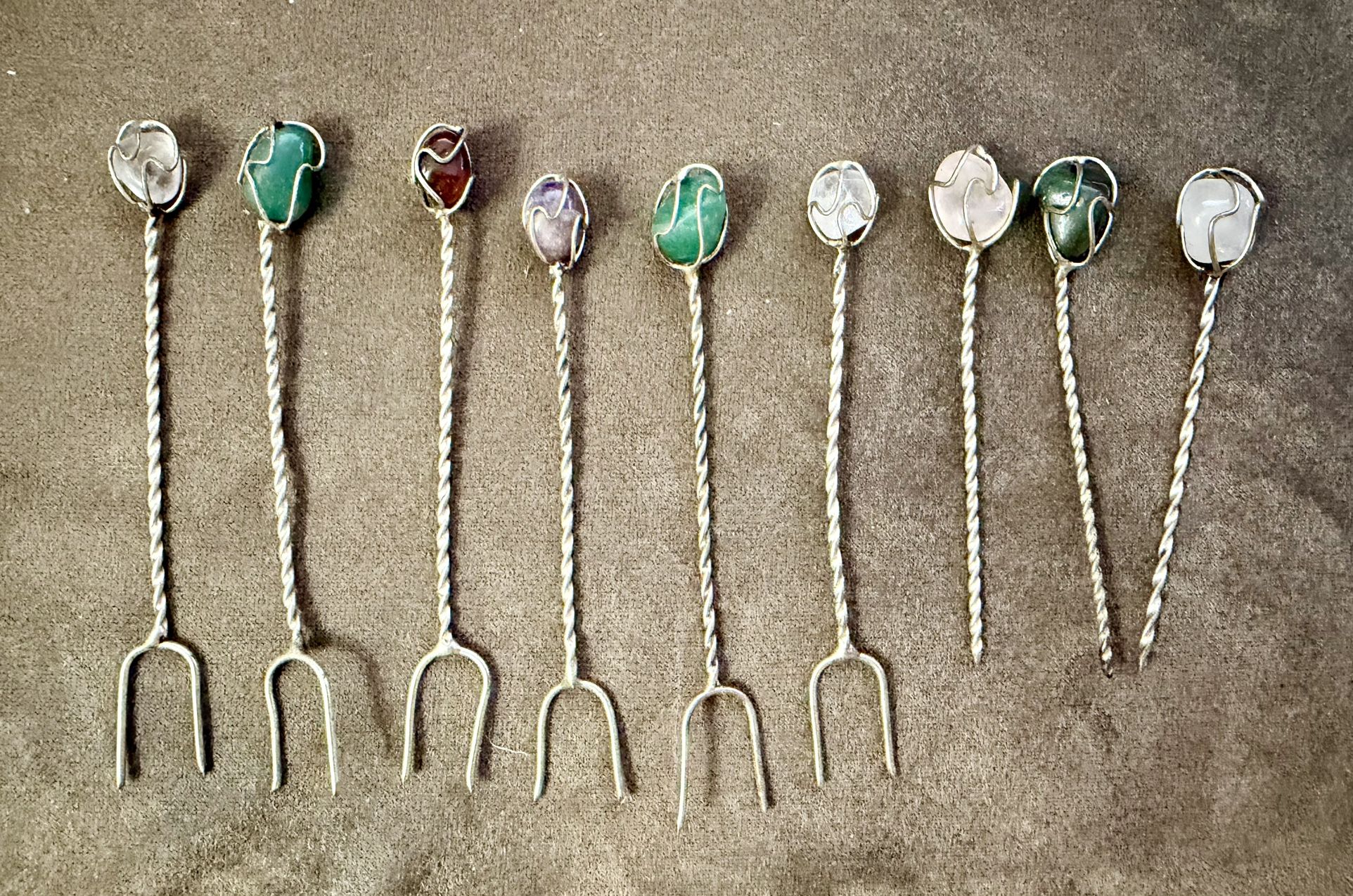 Vintage Barasch Sylmar Wire Wrap Gemstone Appetizer Picks Cocktail Forks Brazil