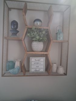 Rustic Wood and Metal Hexagon Wall Shelf