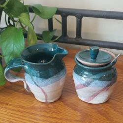 Vtg Handcrafted Stoneware Creamer and Sugar Jar With Spoon - Teal and Cream
