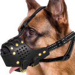 Dog Muzzle, German Shepherd Dalmatian Doberman Setter Leather Basket Adjustable Muzzles for Medium Large Breeds, Soft Breathable Secure Anti-Barking M