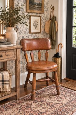 Vintage Grandmillennial Wooden Chair Faux Leather Seat Retro Stool Entryway Desk Bedside Accent MCM Foyer