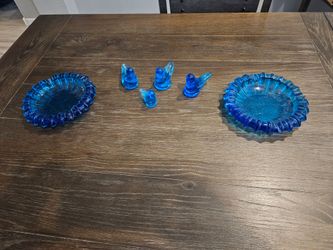 Blue Glass Bird Figurines and Dishes Set